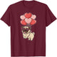 Girls Women Valentines Day Heart Balloons Tan Fawn Pug Lover T-Shirt - T-Shirt | Maroon