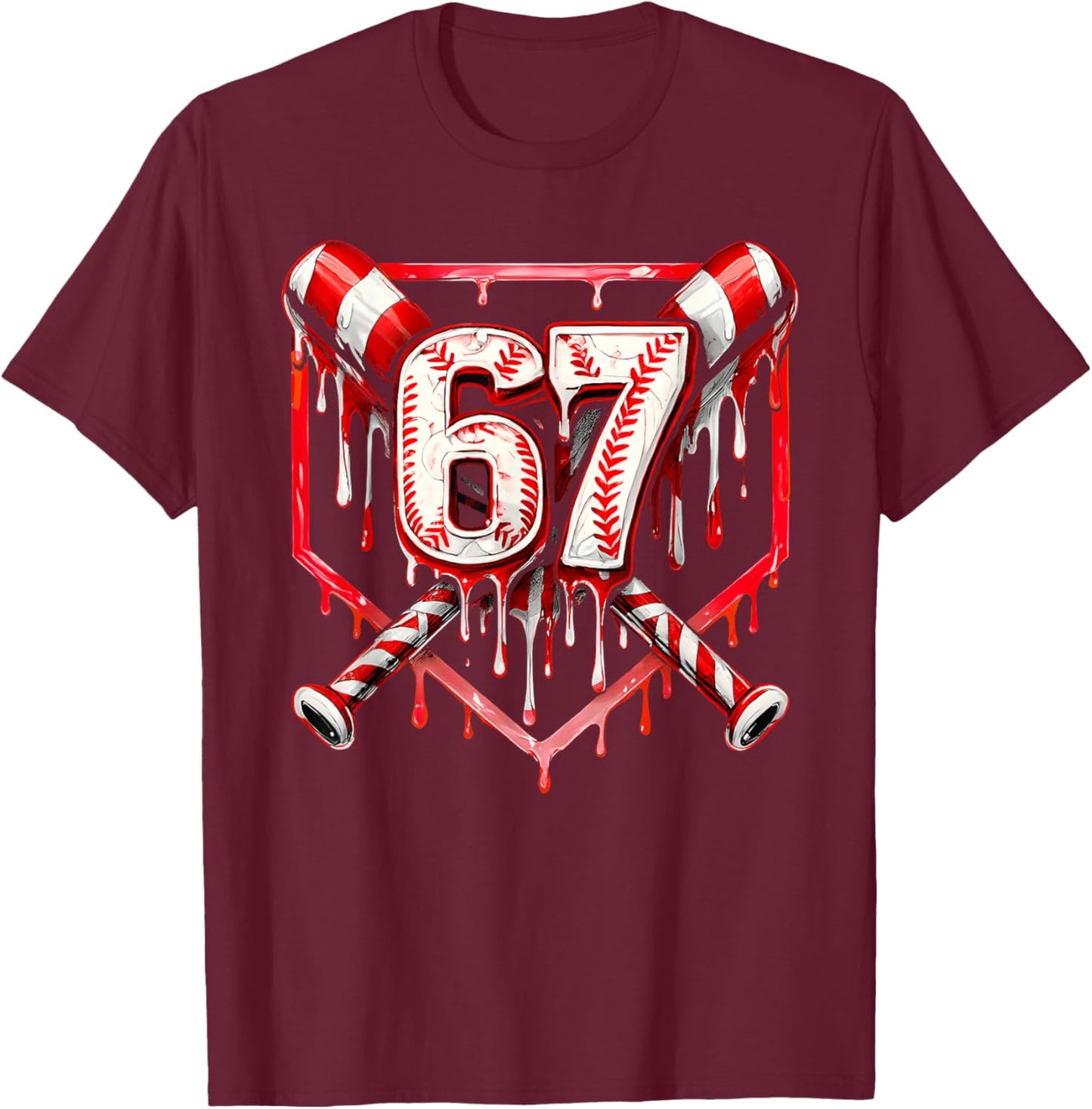 Baseball Candy Cane Drip 6 7 Six Seven Meme Christmas Boys T-Shirt - T-Shirt | Maroon