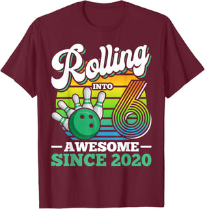 Rolling Into 6 Boy Retro Bowling Birthday Party 6th Birthday T-Shirt - T-Shirt | Maroon