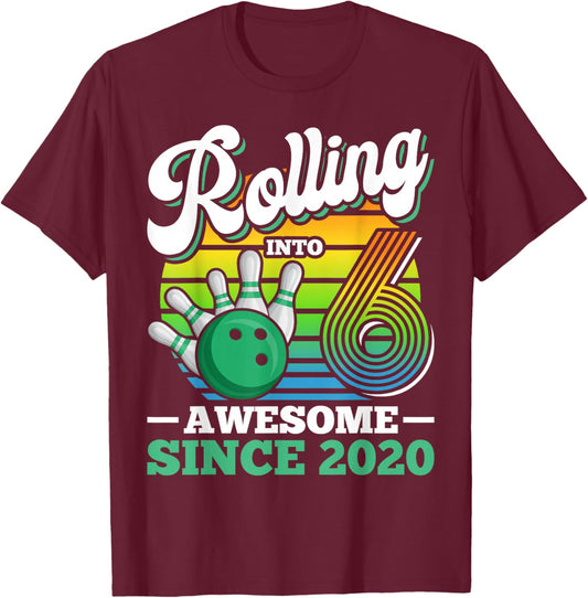 Rolling Into 6 Boy Retro Bowling Birthday Party 6th Birthday T-Shirt - T-Shirt | Maroon