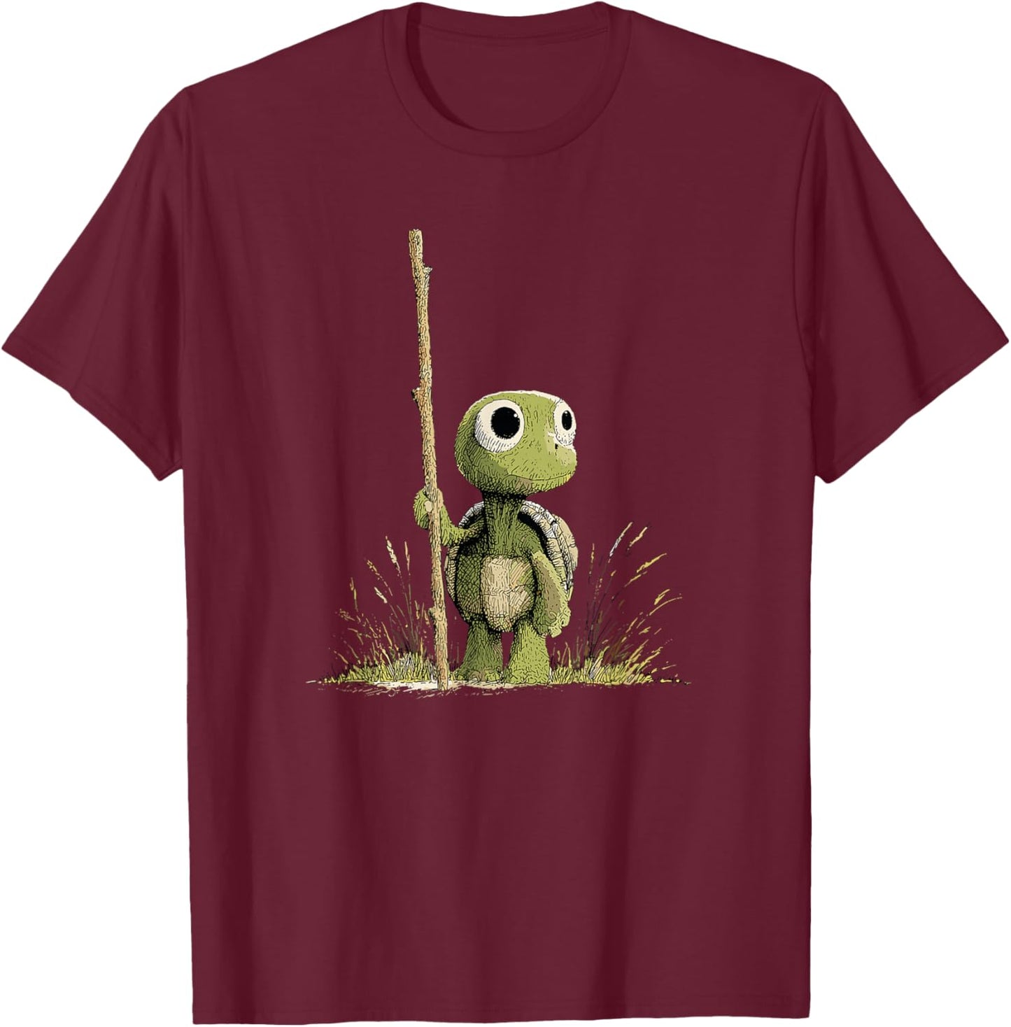 Adorable Turtle with Walking Stick Forest Journey T-Shirt - T-Shirt | Maroon