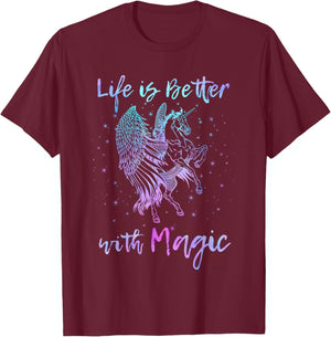 Life is Better with Magic Unicorn Pegasus Horse Graphic T-Shirt - T-Shirt | Maroon