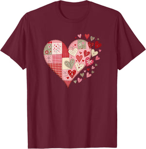 Heart Faux Patchwork Valentines Day Love Big Graphic Quilt T-Shirt - T-Shirt | Maroon