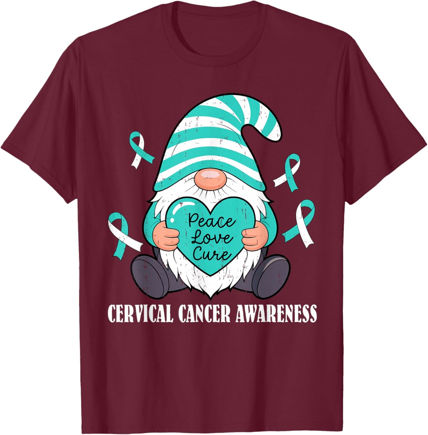 Cute Gnome Ribbon Peace Love Cervical Cancer Awareness Women T-Shirt - T-Shirt | Maroon
