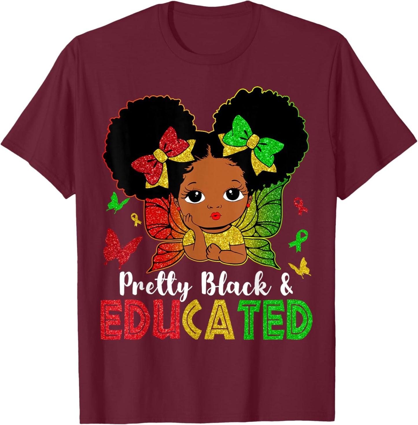 Pretty Black & Educated Cute Melanin Girl Kids Black History T-Shirt - T-Shirt | Maroon