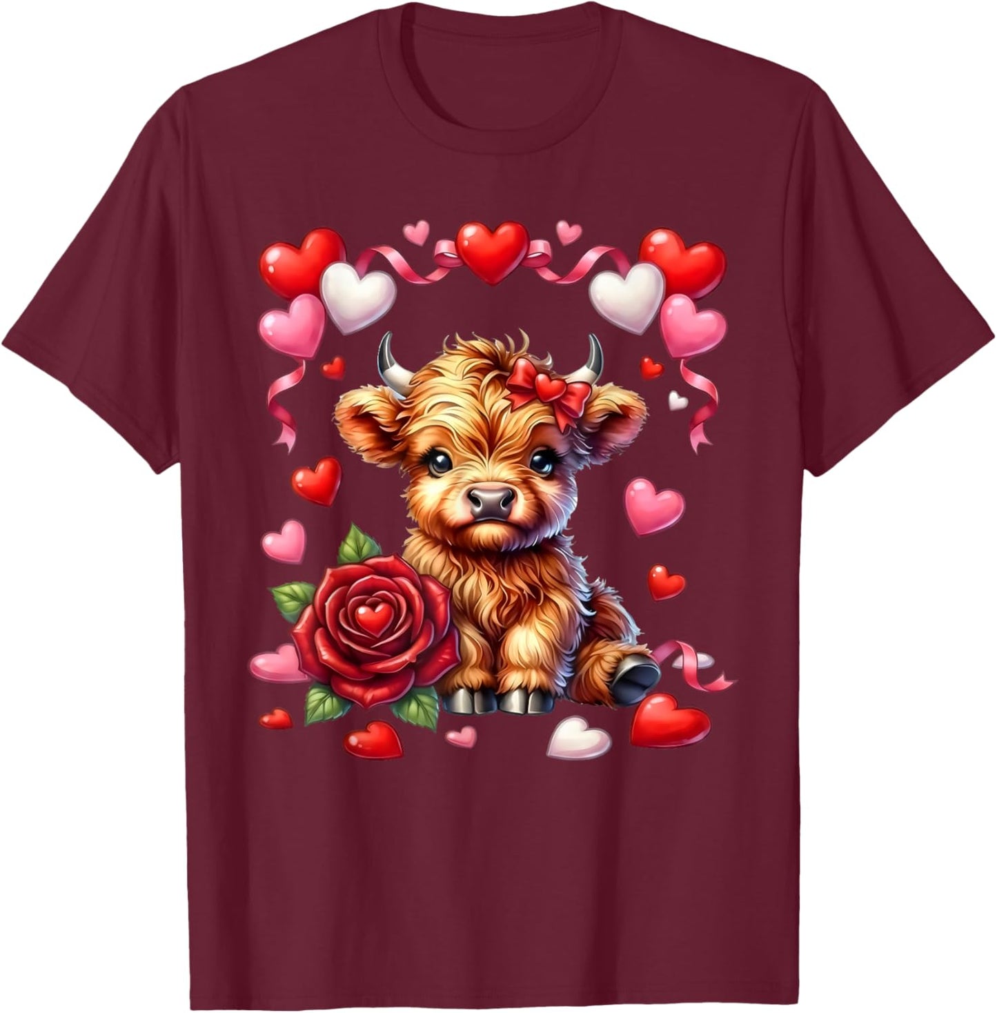 Cute Kawaii Highland Cow Heart Coquette Bow Valentines Day T-Shirt - T-Shirt | Maroon