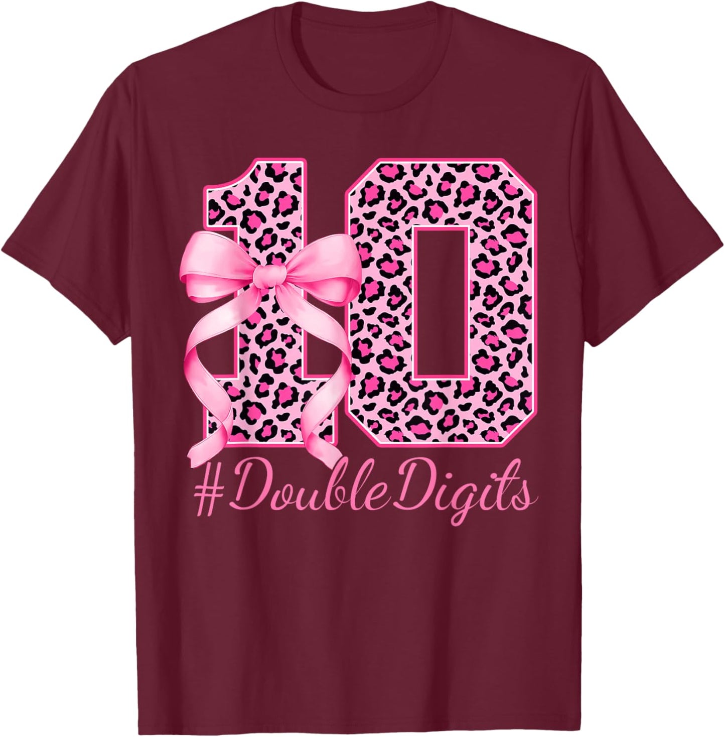 Cute 10th Birthday Girl Leopard Coquette Bow 10 Year Old T-Shirt - T-Shirt | Maroon