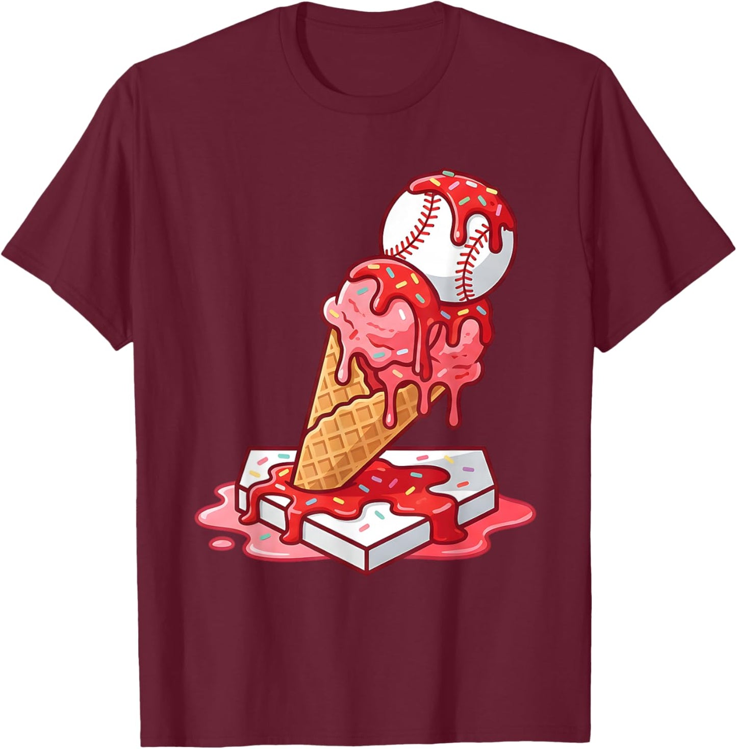 Baseball Ice Cream Drip Youth Strawberry Baseball Red T-Shirt - T-Shirt | Maroon