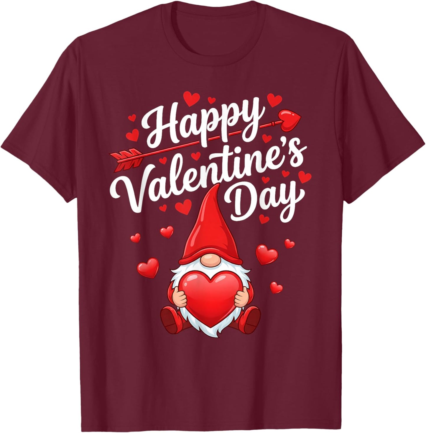 Happy Valentines Day Gnome Red Hearts Love Women Girls T-Shirt - T-Shirt | Maroon
