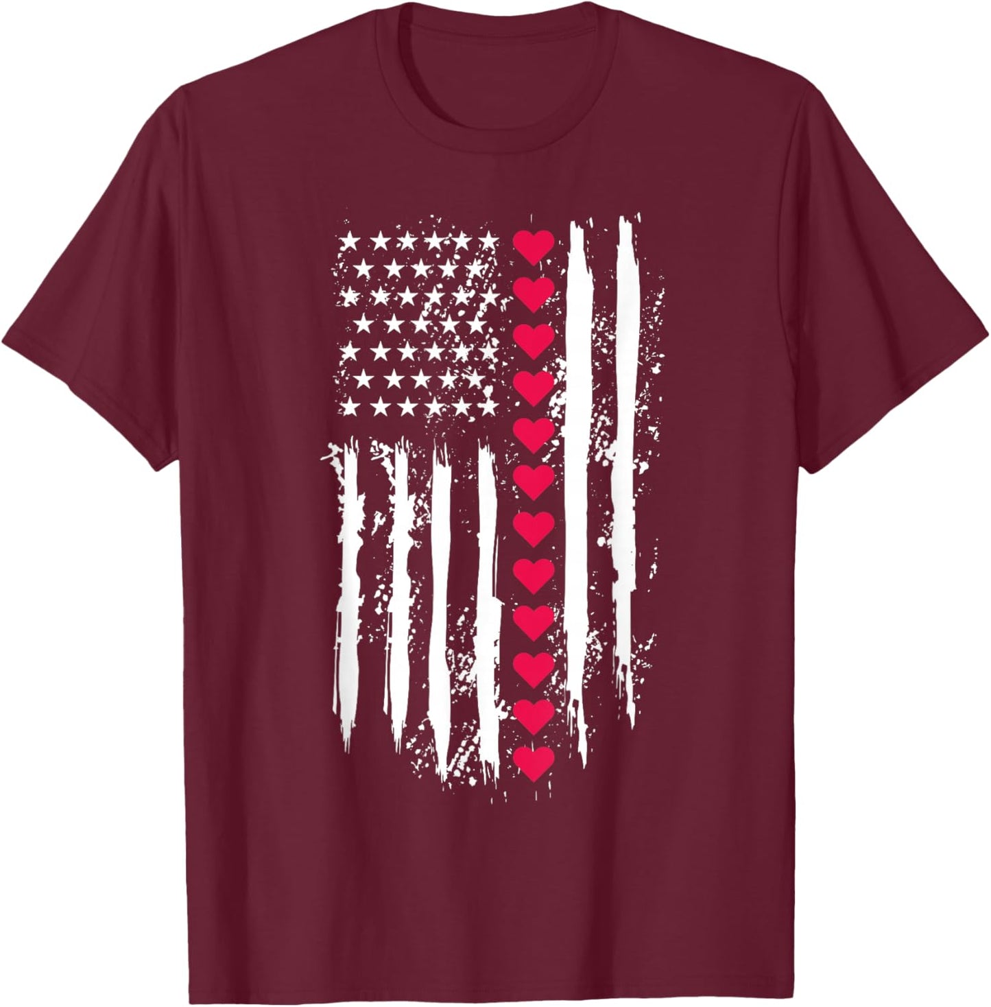 Valentines Red Hearts US American Flag Patriotic Lover T-Shirt - T-Shirt | Maroon
