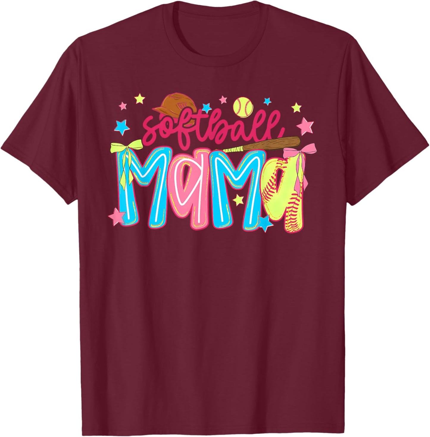 Softball Mama Preppy Coquette Bow Stars Game Day Mom Mother T-Shirt - T-Shirt | Maroon