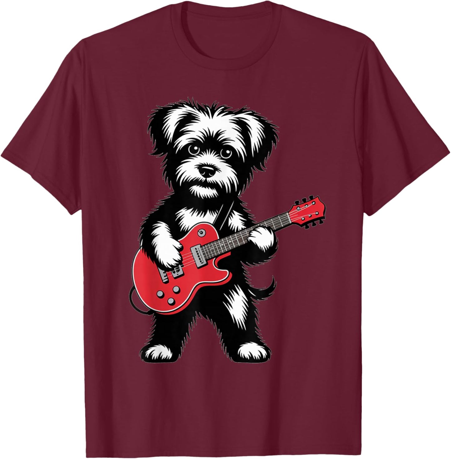 Cute Rock Yorki Dog with Red Electric Guitar Puppy T-Shirt - T-Shirt | Maroon