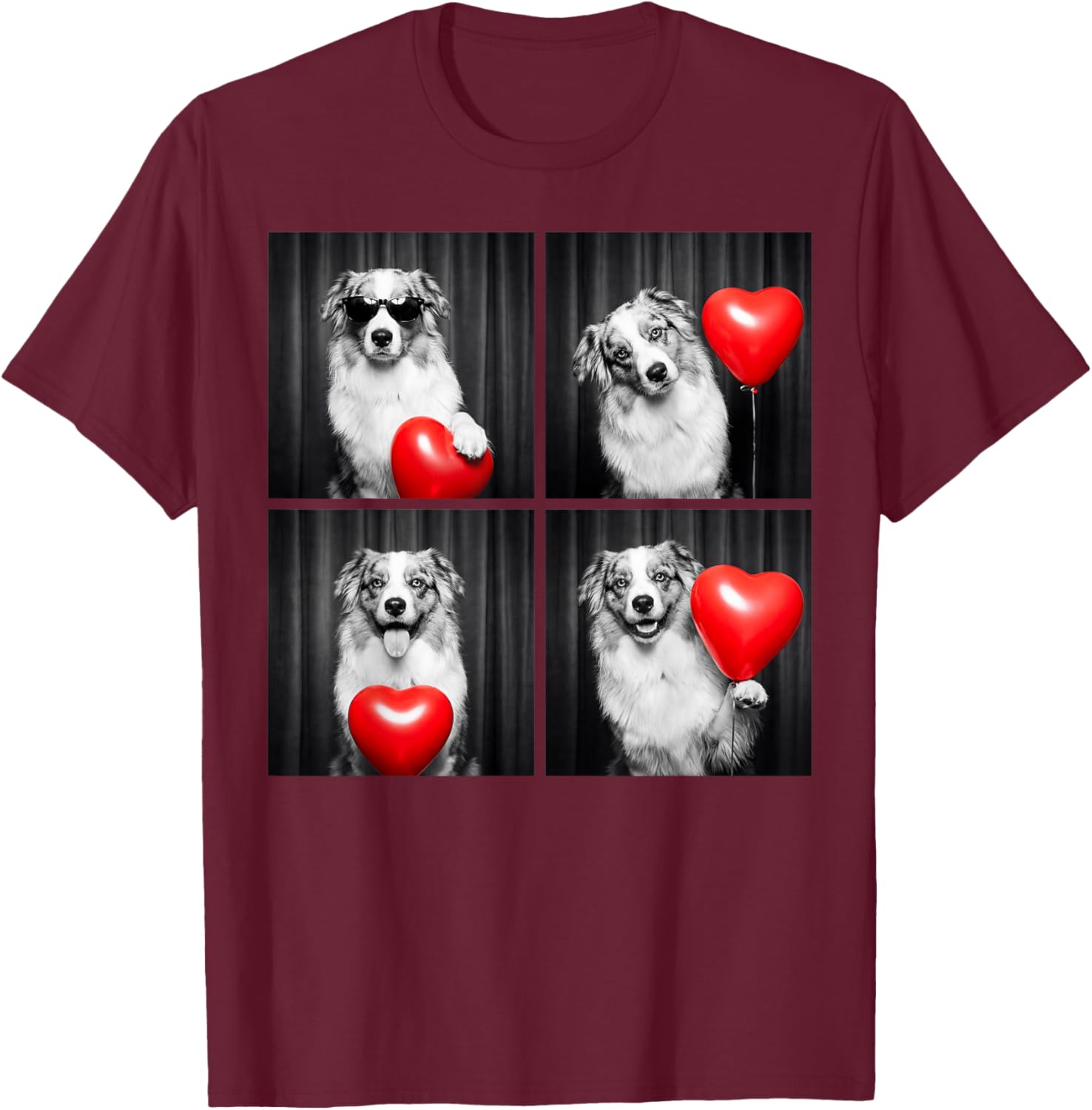 Australian Shepherd Photobooth Aussie Dog Design Valentines T-Shirt - T-Shirt | Maroon