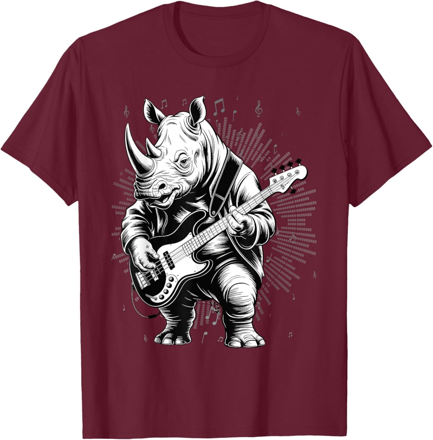 Rhino Funny Playing Bass Guitar Cute Rockin' T-Shirt - T-Shirt | Maroon
