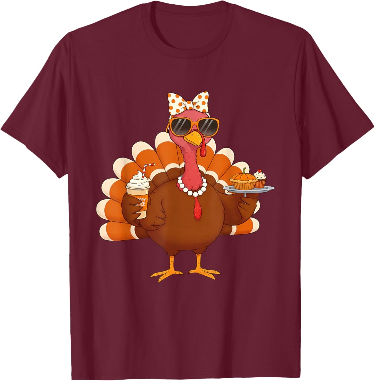 Turkey Drinking Coffee Bow Thanksgiving Turkey Day T-Shirt - T-Shirt | Maroon
