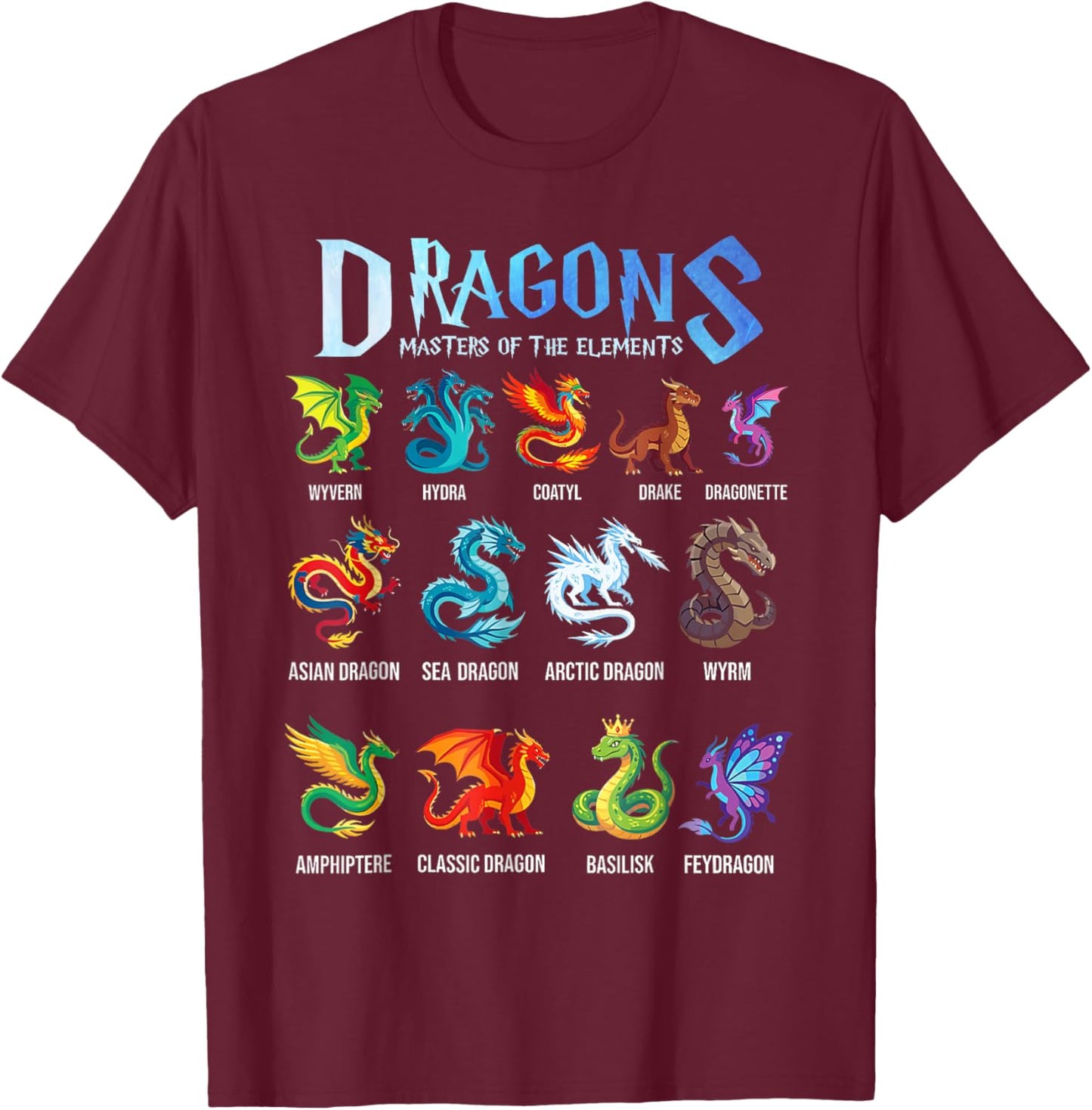 Fantasy Dragon Types Dragons Masters of The Element Chart T-Shirt - T-Shirt | Maroon