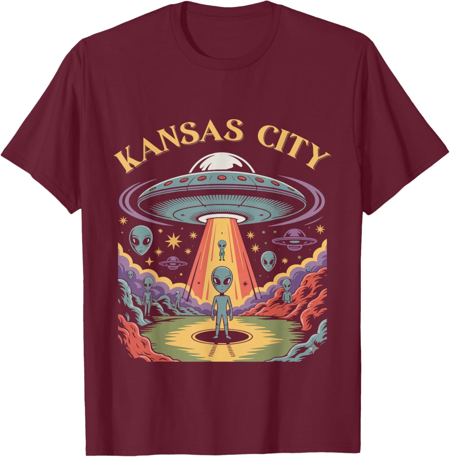 Kansas City Alien UFO Abduction Retro Sci-Fi Art T-Shirt - T-Shirt | Maroon