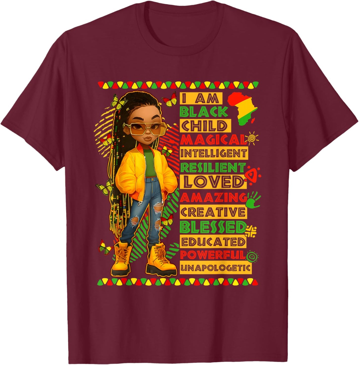 I Am Black Child History Month African American Kids Girls T-Shirt - T-Shirt | Maroon