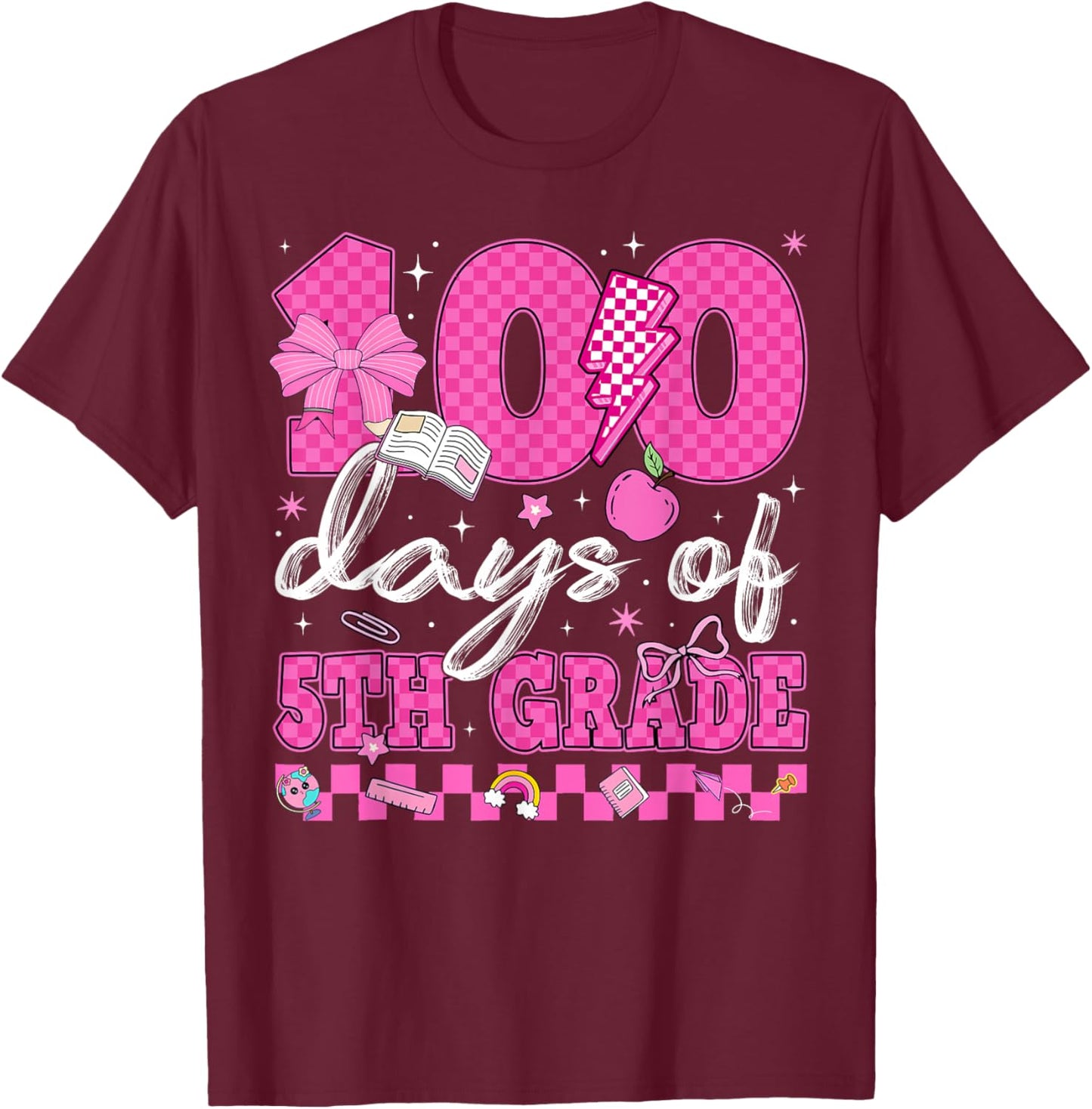 Happy 100 Days of 5th Grade Coquette Bow Checkered Girl Kid T-Shirt - T-Shirt | Maroon