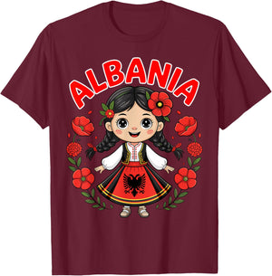 Albanian Girl in Traditional Dress with Eagle Symbol Kids T-Shirt - T-Shirt | Maroon