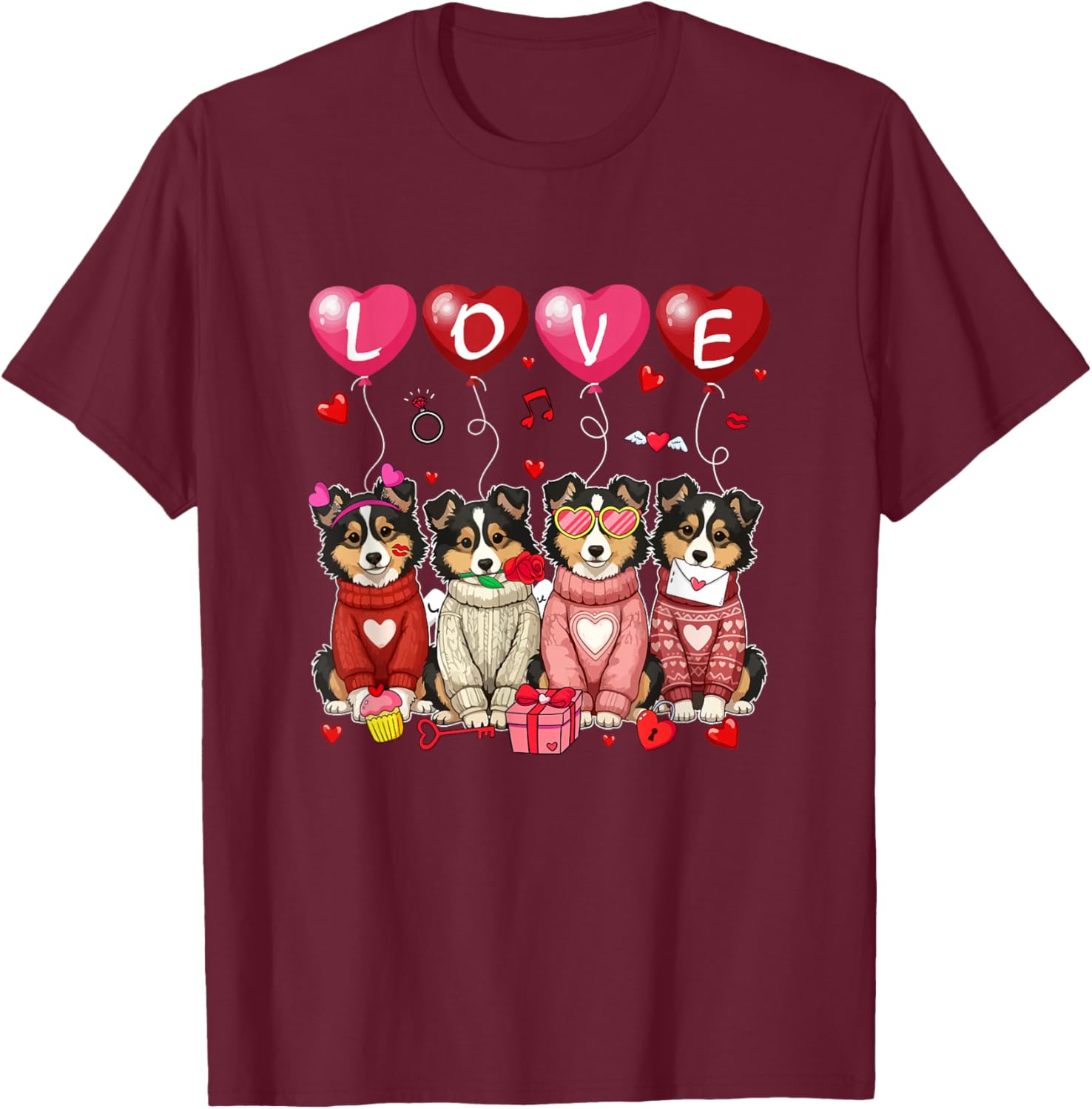 Love Group Shelties Sunglasses Valentine Owner Family Kids T-Shirt - T-Shirt | Maroon