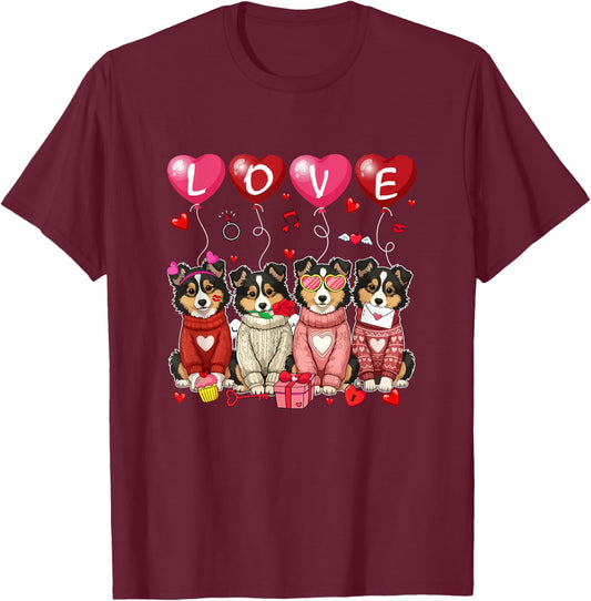 Love Group Shelties Sunglasses Valentine Owner Family Kids T-Shirt - T-Shirt | Maroon