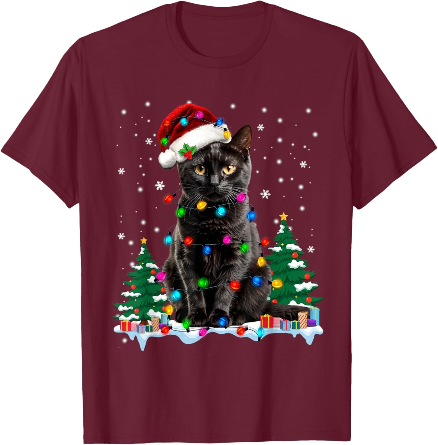 Black Cat Christmas Light Santa Hat Cat Lovers Xmas Pajamas T-Shirt - T-Shirt | Maroon