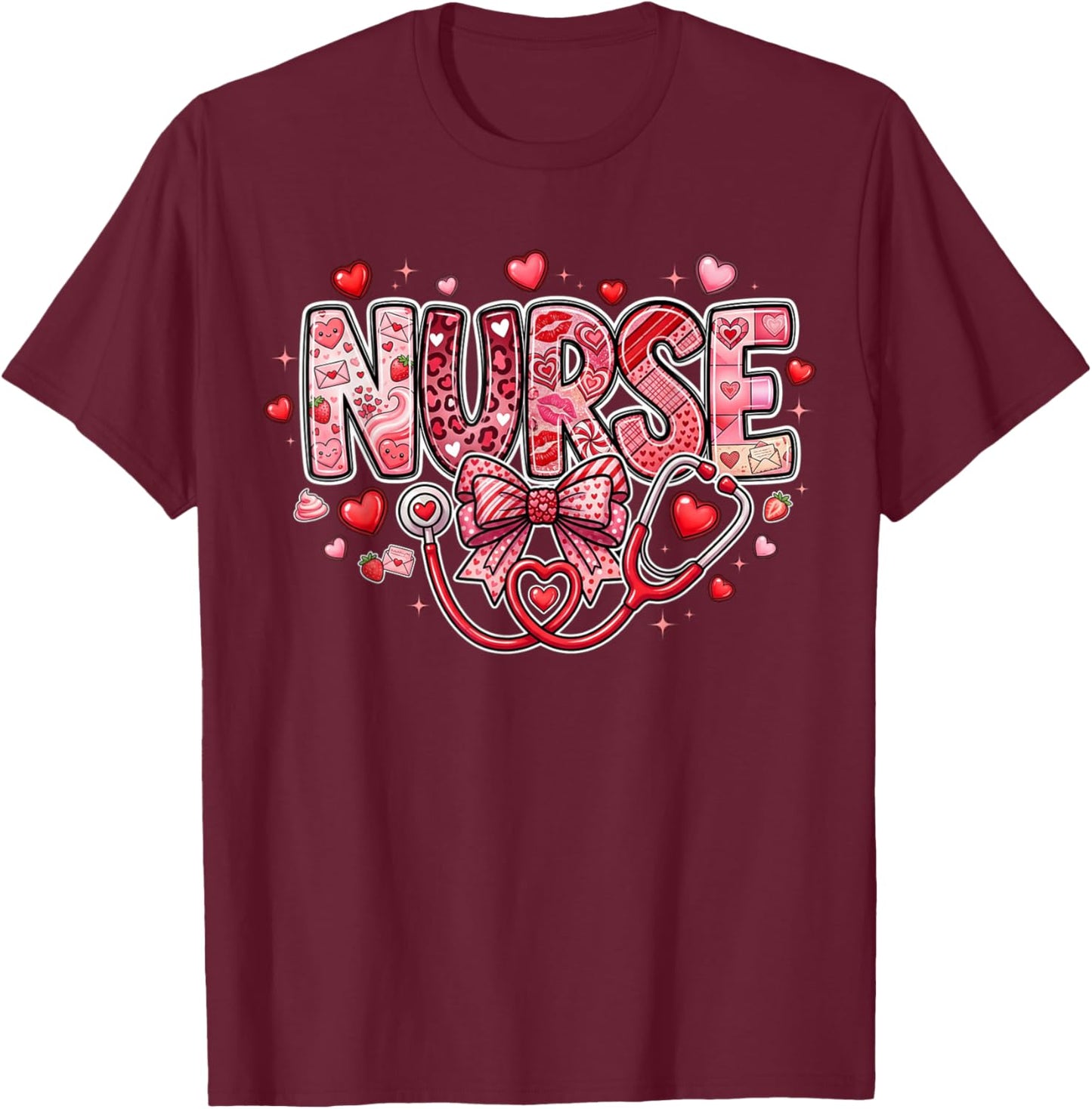 Red Healthcare ER RN CNA ICU Valentine Nurse Heart Nurses T-Shirt - T-Shirt | Maroon