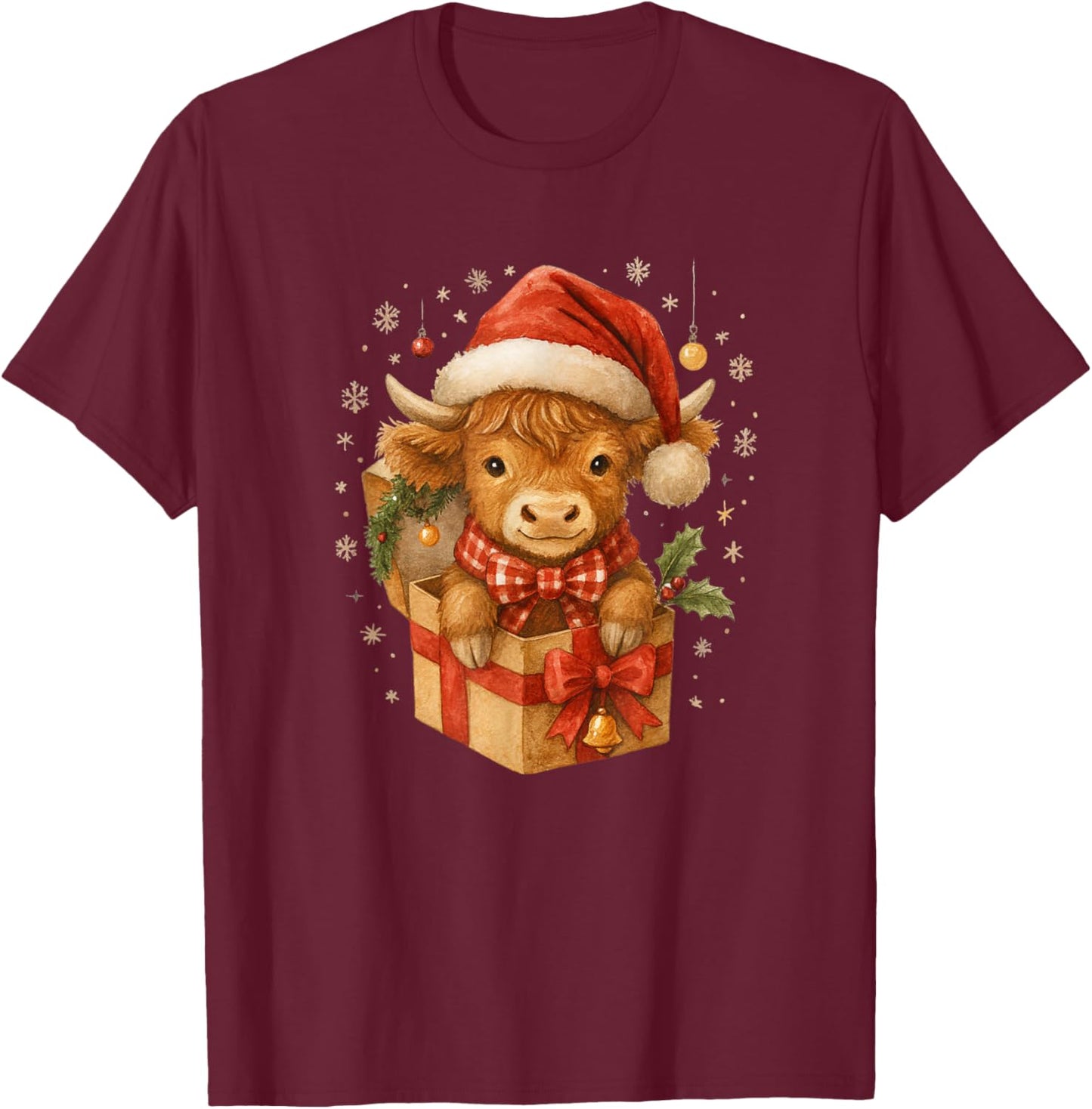 Highland Cow Christmas in Gifts Box Watercolor Santa Hat T-Shirt - T-Shirt | Maroon