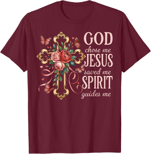 God Chose Me Jesus Saved Me Pretty Rose Cross Christian T-Shirt - T-Shirt | Maroon