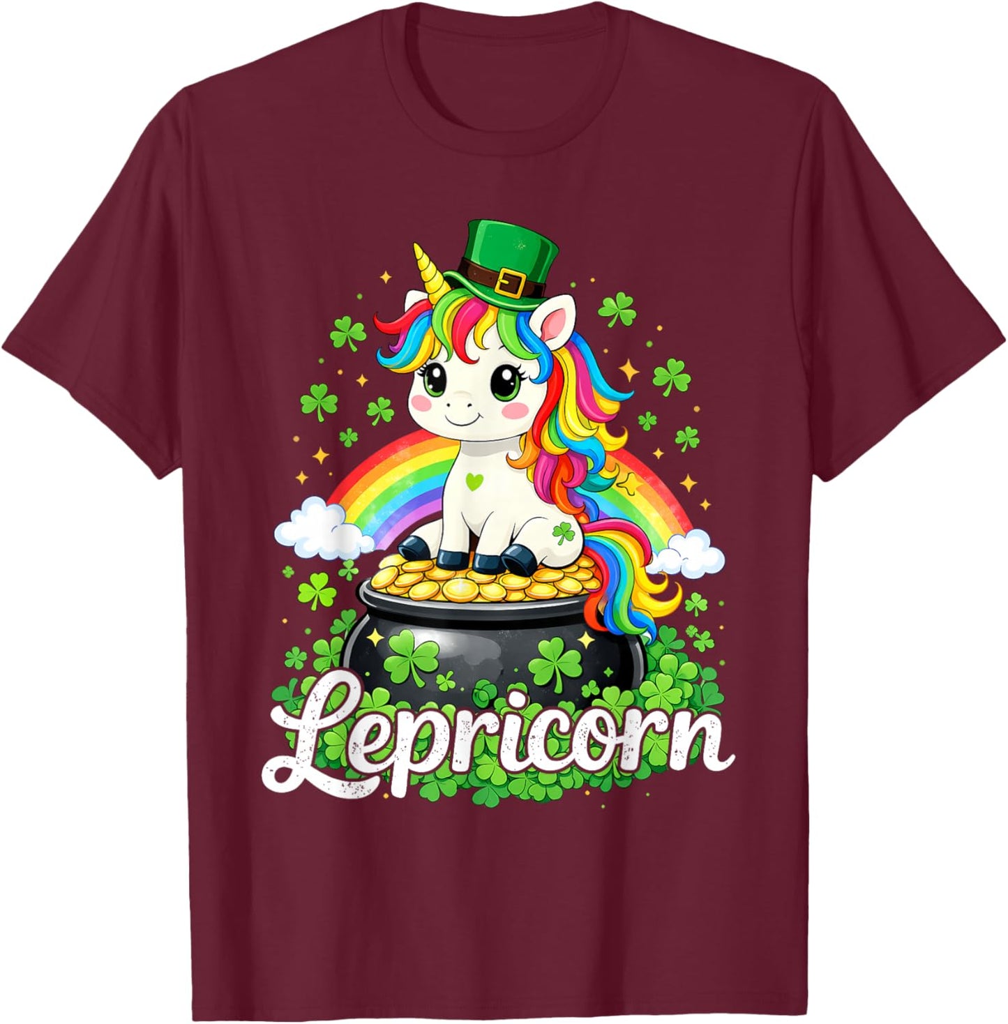 St Patricks Day Cute Unicorn Lepricorn St Pattys Girls Kids T-Shirt - T-Shirt | Maroon