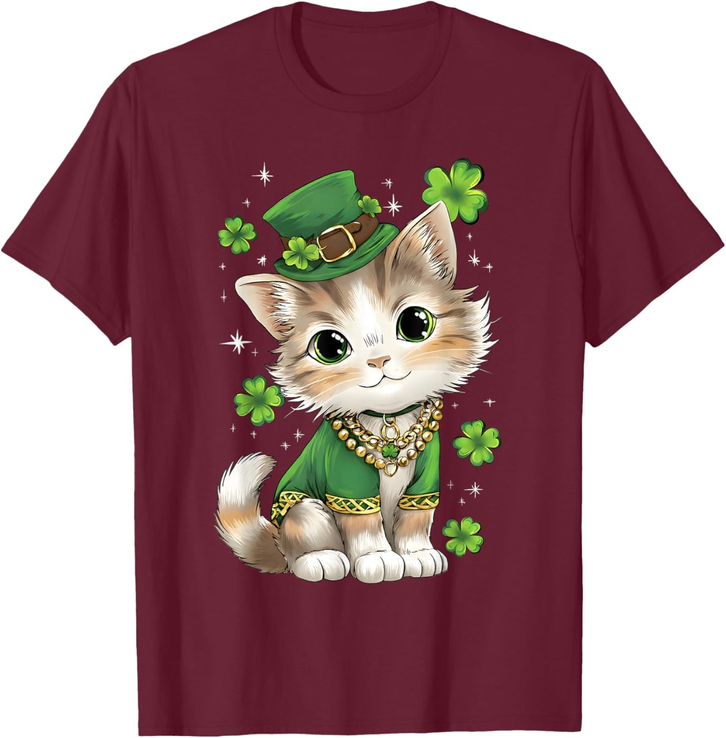St Patricks Day Cat Leprechaun Hat Shamrock Saint Pattys Day T-Shirt - T-Shirt | Maroon