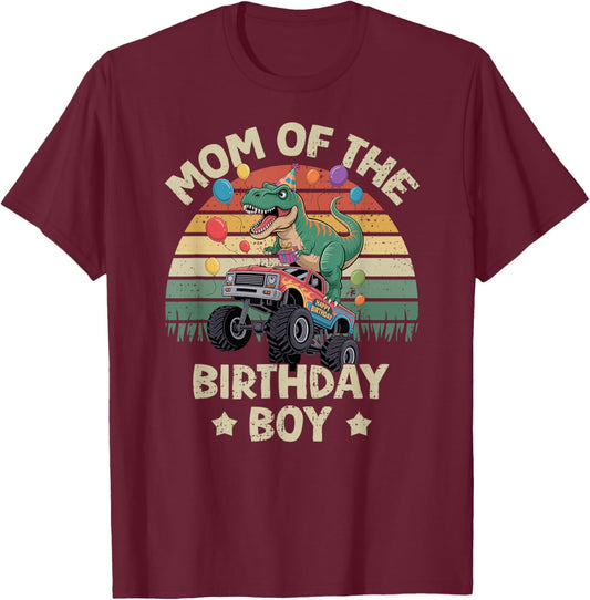 Mom of The Birthday Party Monster Truck T-Rex Mommy T-Shirt - T-Shirt | Maroon