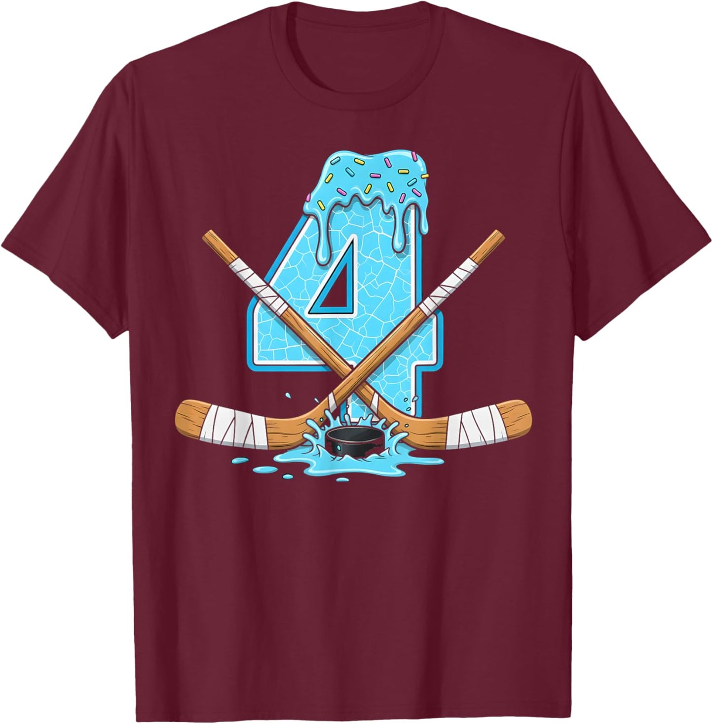 4 Year Old Hockey Ice Cream Drip Youth 4th Birthday Boys T-Shirt - T-Shirt | Maroon