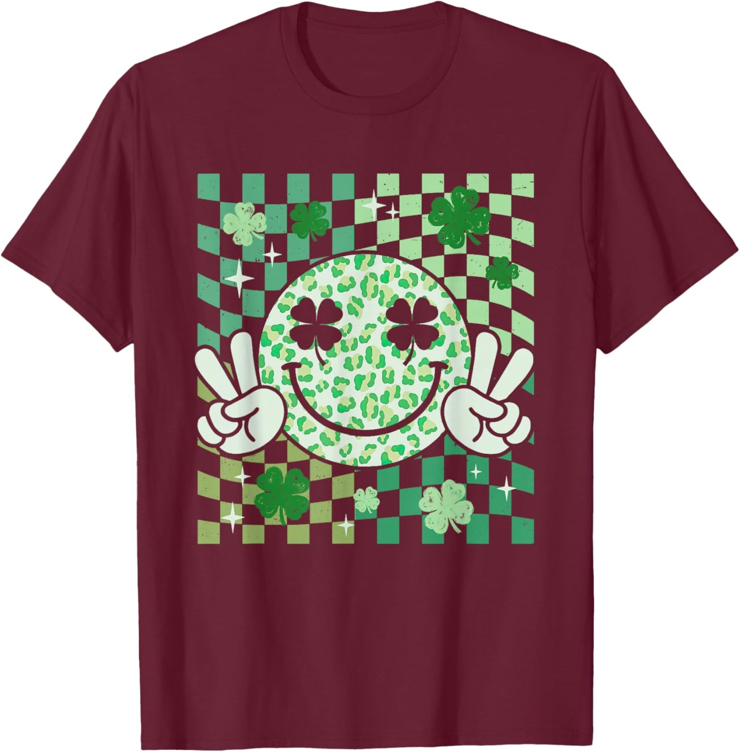Groovy Smile Face St Patricks Day Shamrock Checker Women Kid T-Shirt - T-Shirt | Maroon