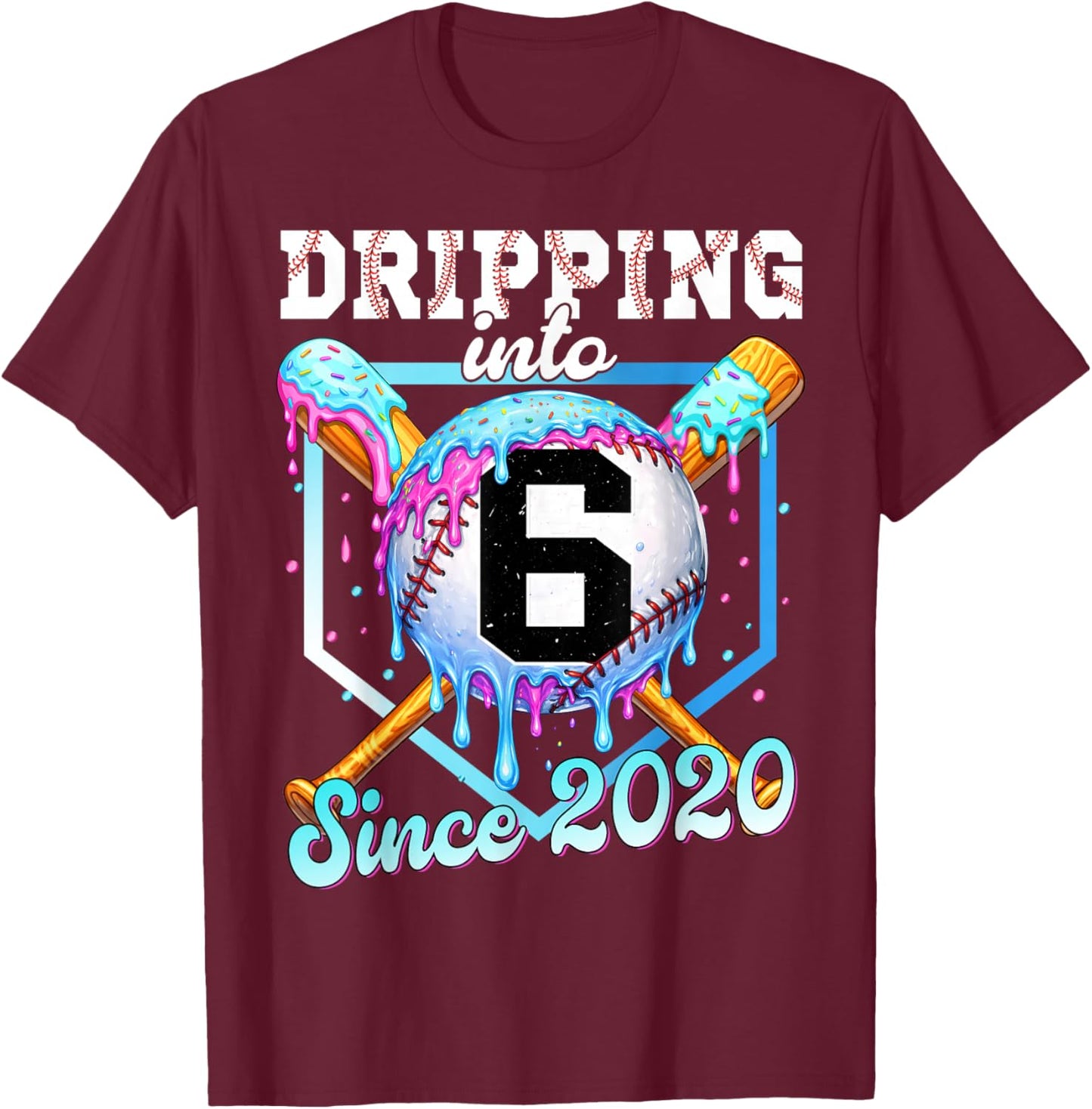 6 Years Old Baseball Ice Cream 6th Birthday Boys Since 2020 T-Shirt - T-Shirt | Maroon
