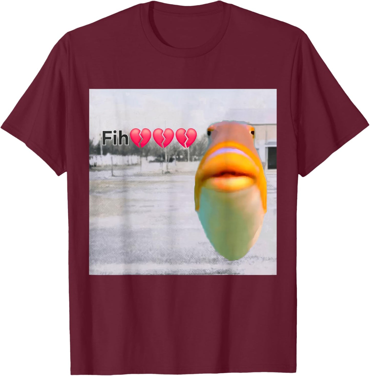 Funny Fish Calling Misspelled Fih Meme Sybau Absurd Brainrot T-Shirt - T-Shirt | Maroon