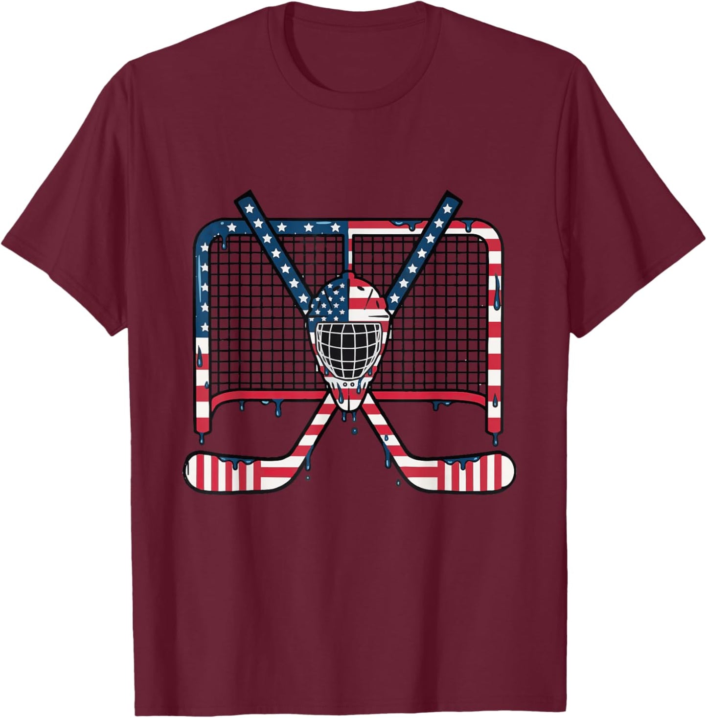 Ice Hockey Drip Goalie Field American Flag Boys Youth Men T-Shirt - T-Shirt | Maroon