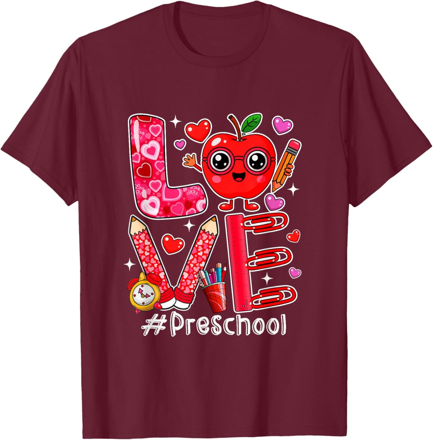 Love Preschool Cute Hearts Valentine's Day Students Teacher T-Shirt - T-Shirt | Maroon