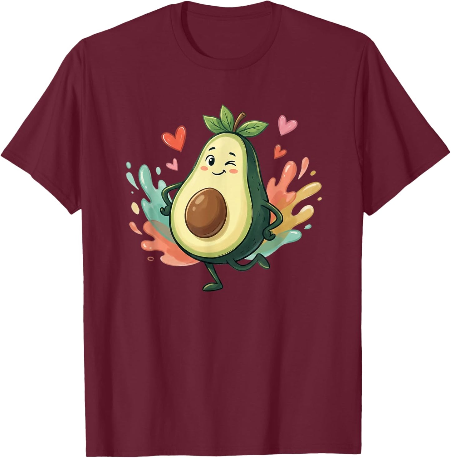 Cute Kawaii Avocado Walking with Hearts Around T-Shirt - T-Shirt | Maroon