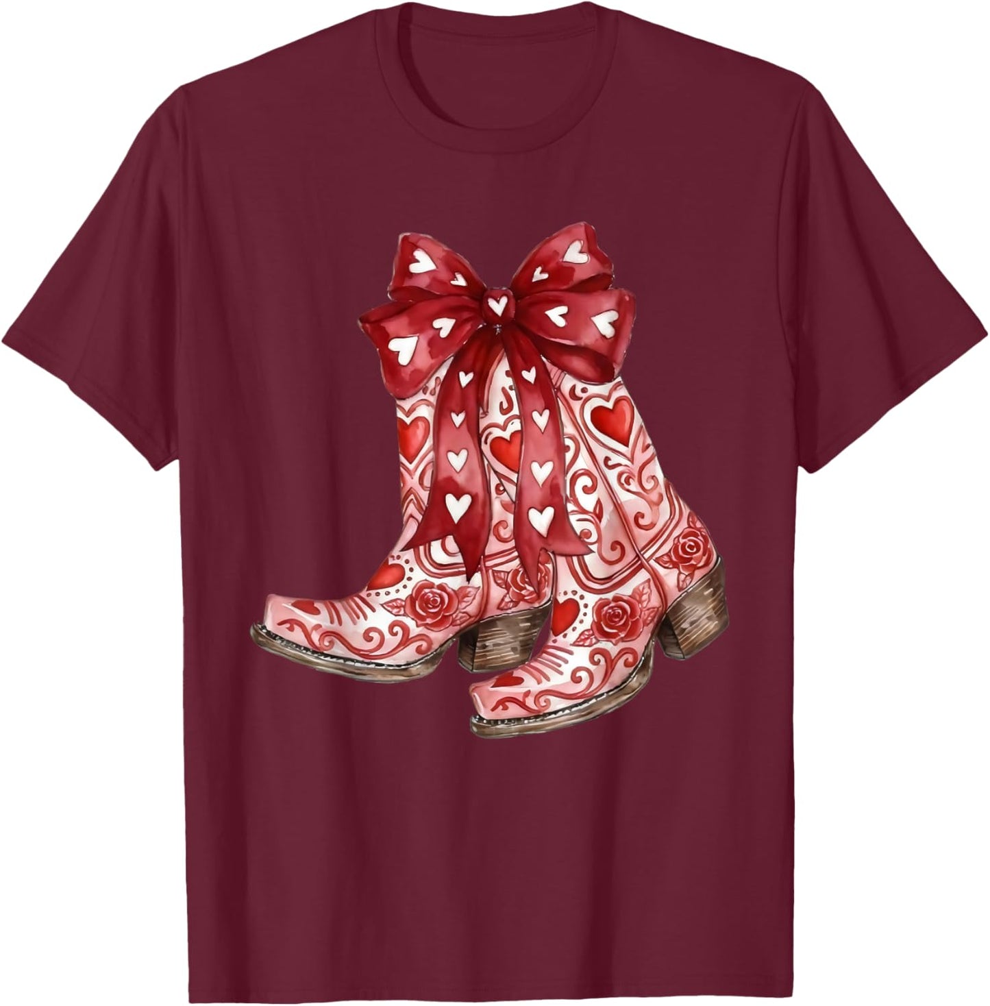 Retro Cowgirl Boots Red Coquette Bow Hearts Valentines Day T-Shirt - T-Shirt | Maroon