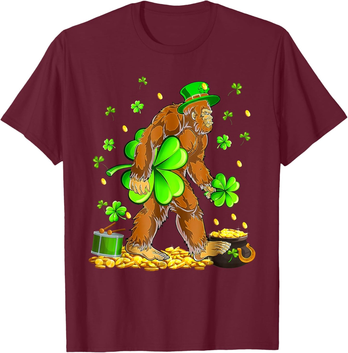 St Patricks Day Bigfoot Sasquatch Shamrock Men Women Kids T-Shirt - T-Shirt | Maroon