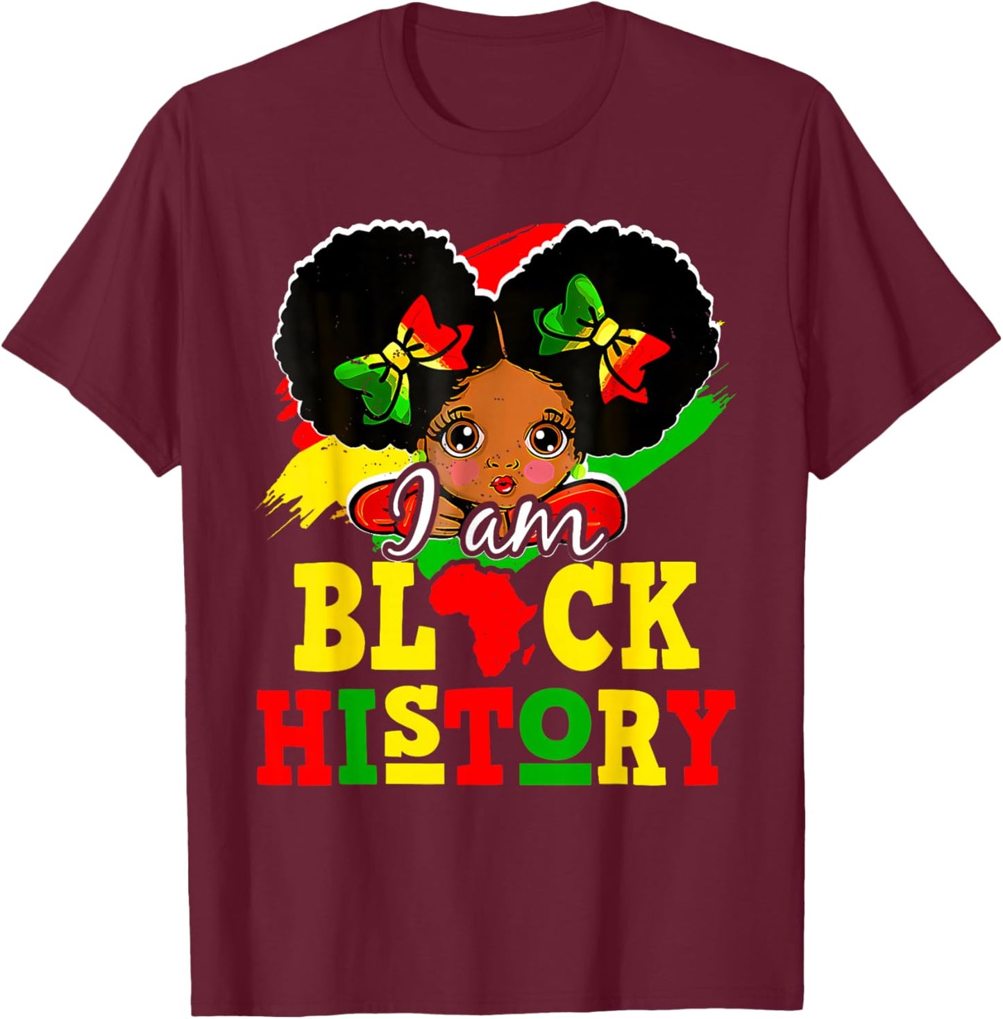 I Am Black History Month Cute Messy Bun Girl Kids s T-Shirt - T-Shirt | Maroon