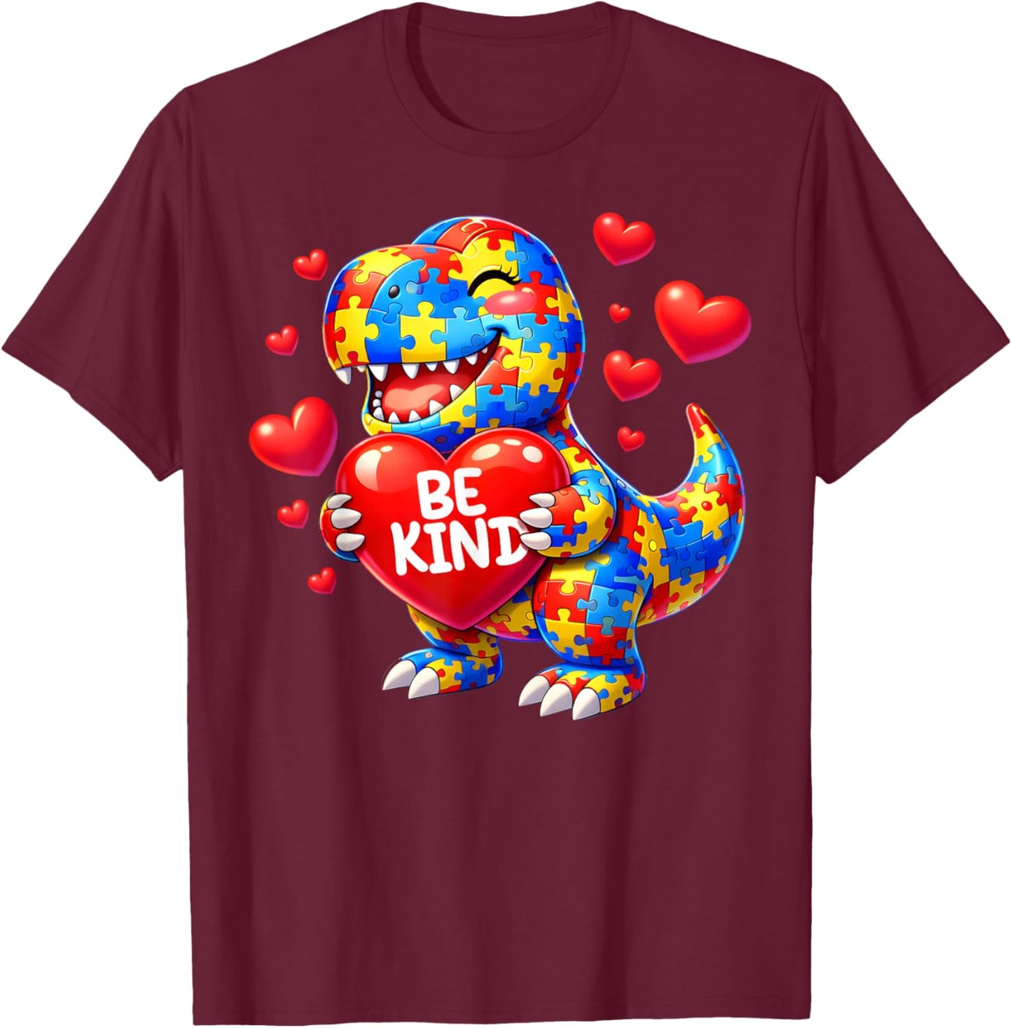Autism Awareness Puzzle T Rex Dinosaur Be Kind Men Women Kid T-Shirt - T-Shirt | Maroon