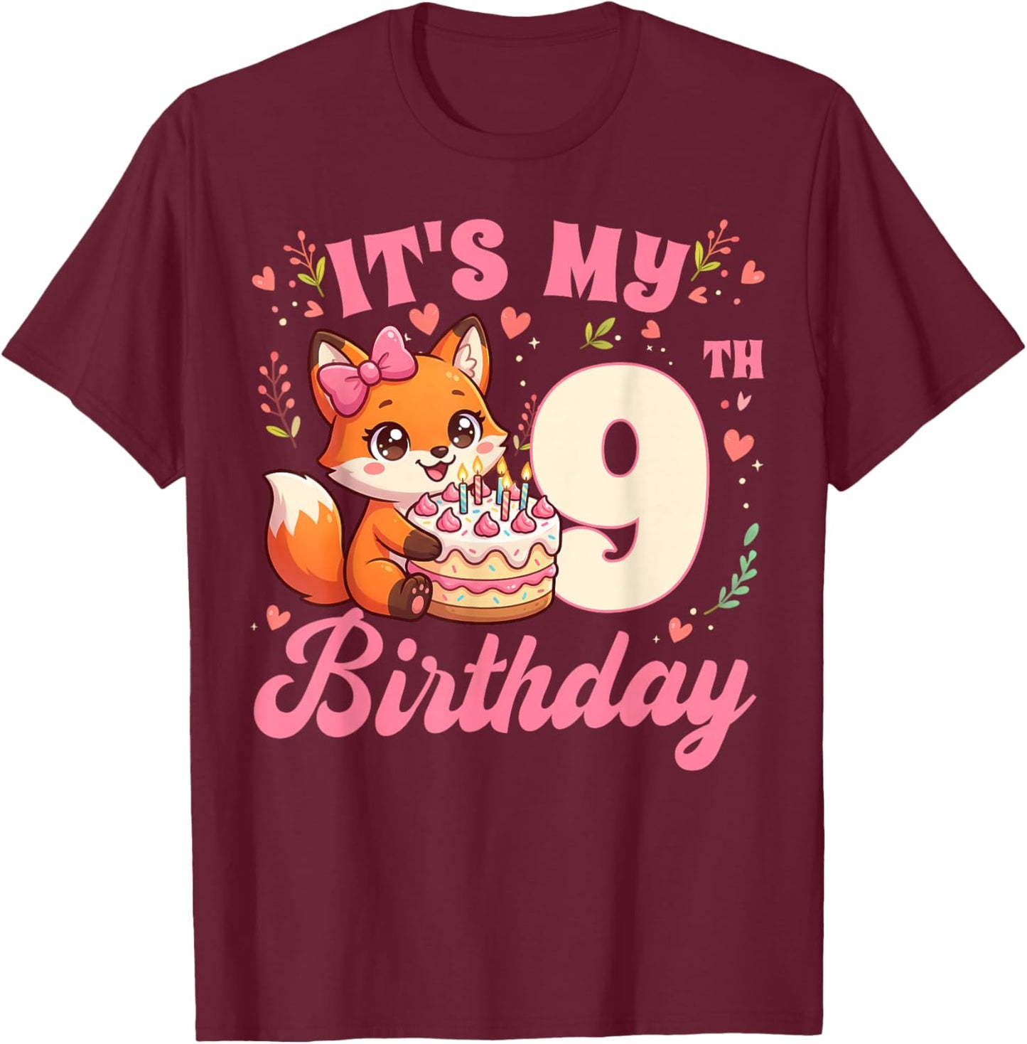 Fox Animal Lovers 9th Birthday Girl Fox B-Day 9 Years Old T-Shirt - T-Shirt | Maroon