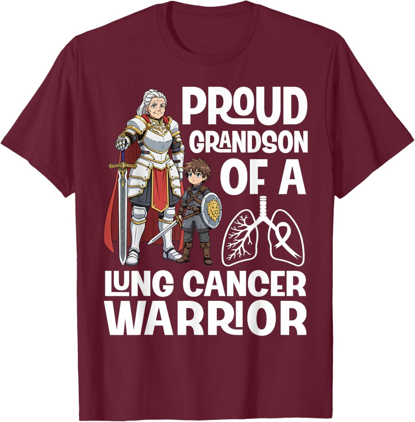 Proud Grandson of A Lung Cancer Warrior Awareness Grandma T-Shirt - T-Shirt | Maroon