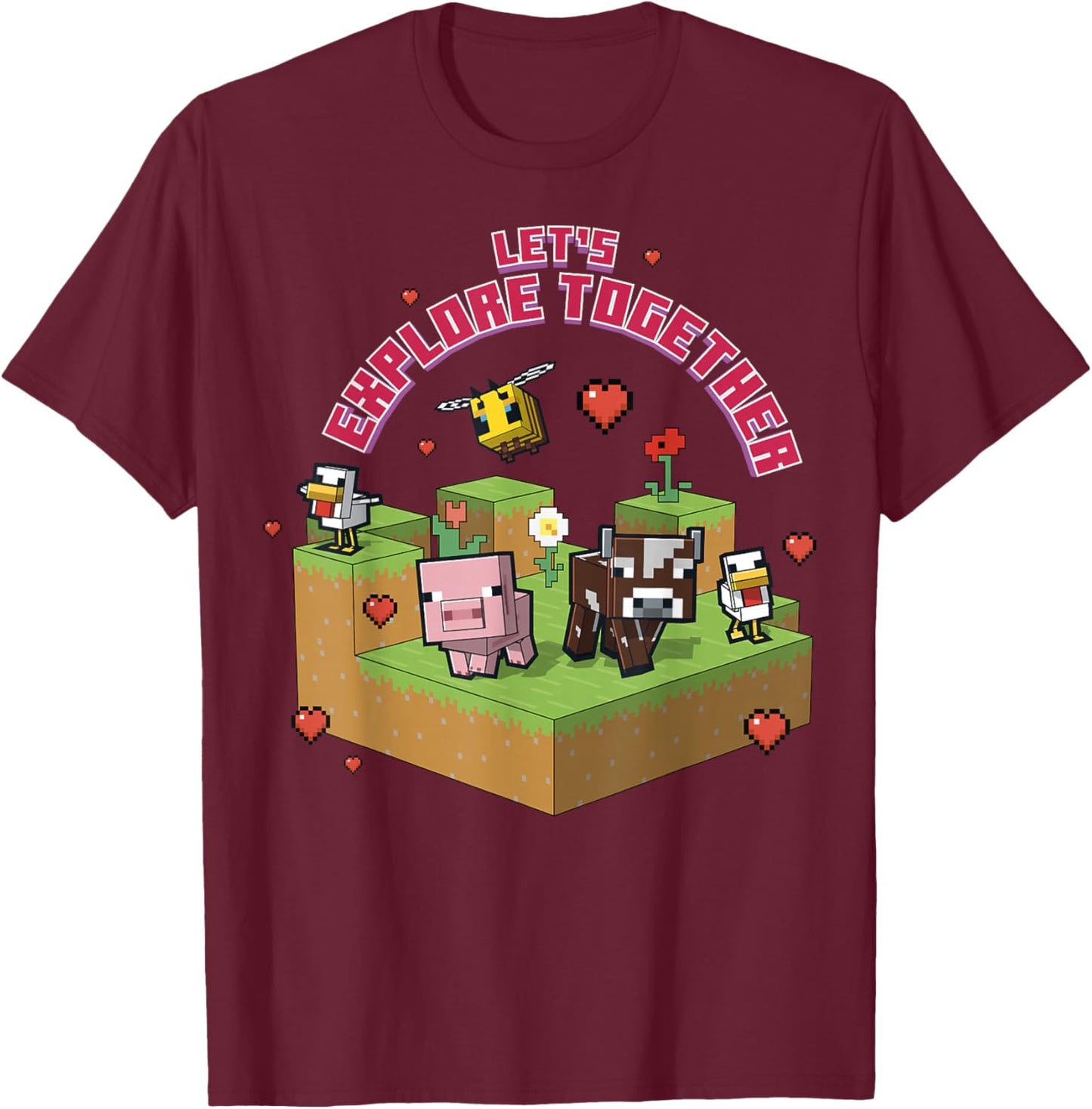 Minecraft Pig Cow Bee Chicken Explore Together Heart T-Shirt - T-Shirt | Maroon