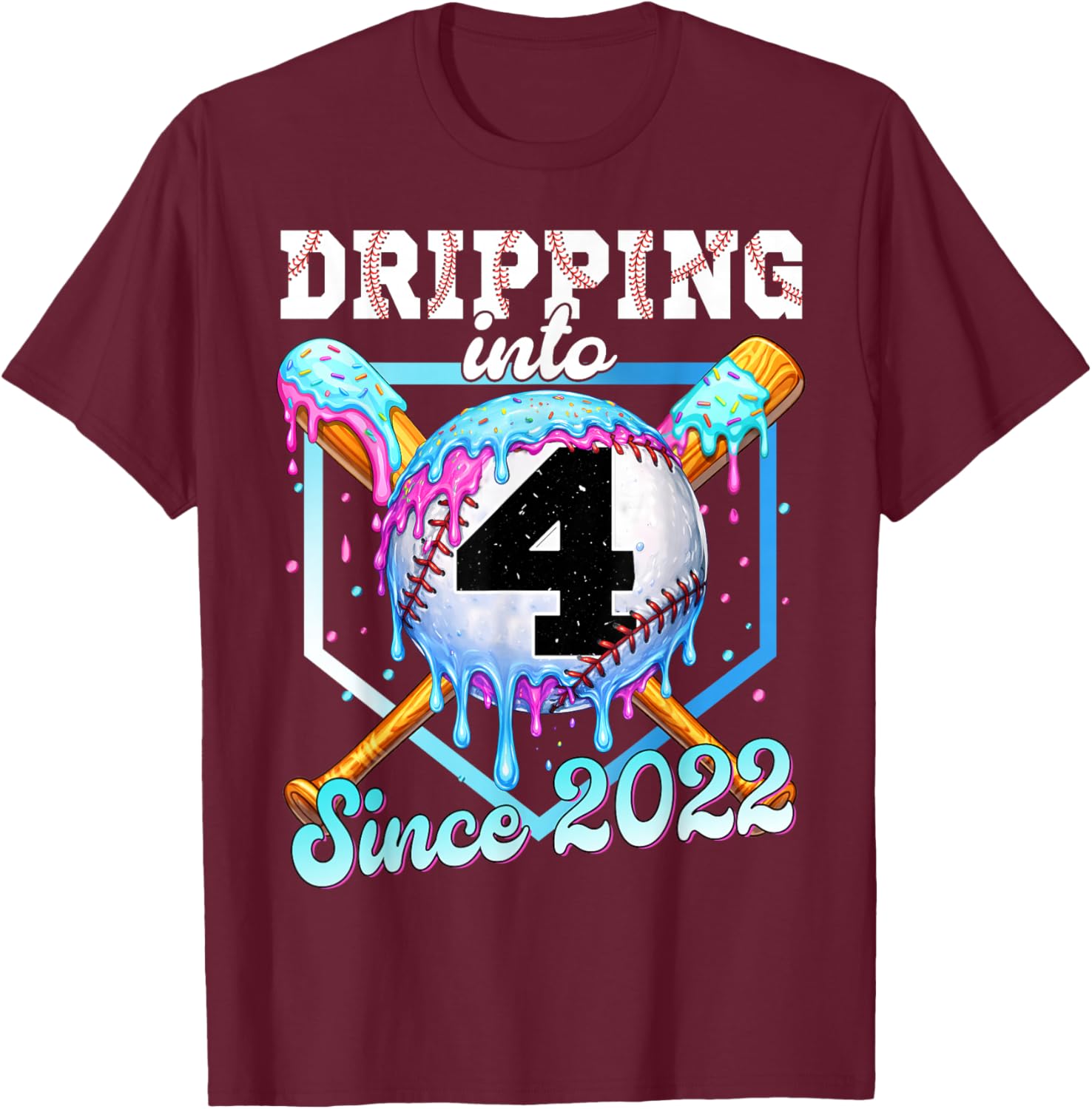 4 Years Old Baseball Ice Cream 4th Birthday Boys Since 2022 T-Shirt - T-Shirt | Maroon