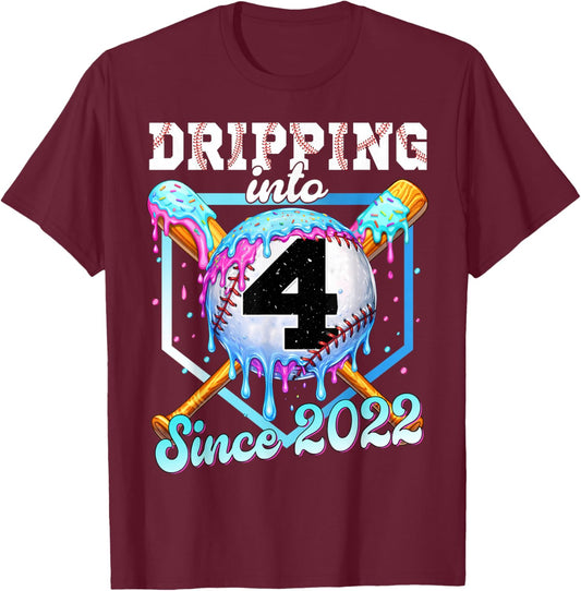4 Years Old Baseball Ice Cream 4th Birthday Boys Since 2022 T-Shirt - T-Shirt | Maroon