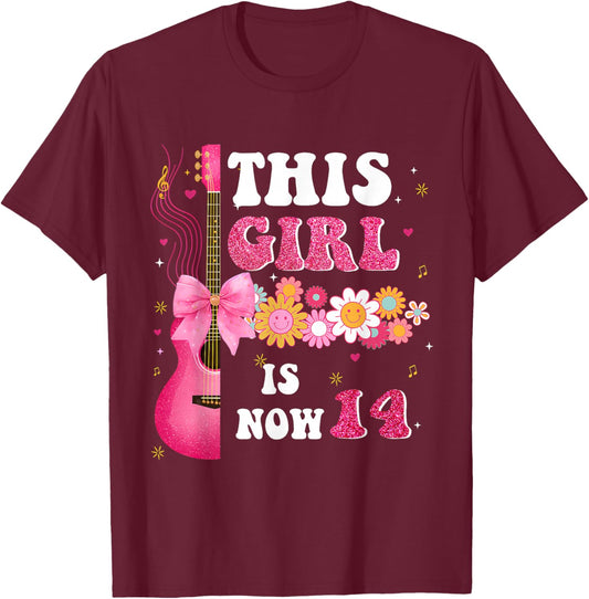 This Girl is Now 14 Cute Music Flower 14th Birthday T-Shirt - T-Shirt | Maroon